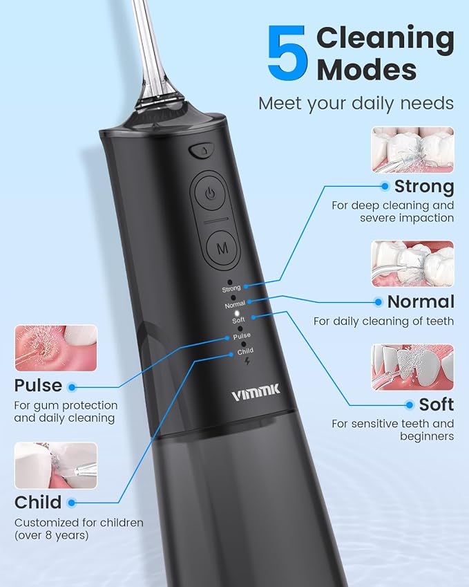 VIMMK Water Flosser, Cordless Water Dental Flosser, 9 Jet Tips 5 Modes 300ML IPX7 Waterproof, Portable Rechargeable Oral Irrigator for Home Travel - Gums, Orthodontic, Braces Care (Black)