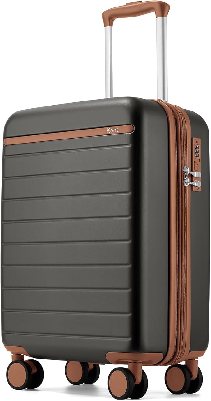 Kono Expandable 20 Inch Carry On Suitcase Airline Approved, Lightweight ABS+PC Hardshell Luggage with 360° Silent Spinner Wheels, Grey/Brown