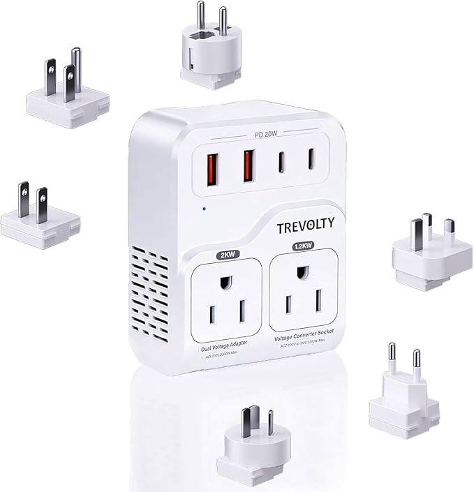 2000W Voltage Converter US to Europe for Hair Dryers, 7-in-1 220V to 110V Converter for European Travel with 3 AC/2 USBA/2 USBC Ports (PD20W), European Travel Adapter (White)