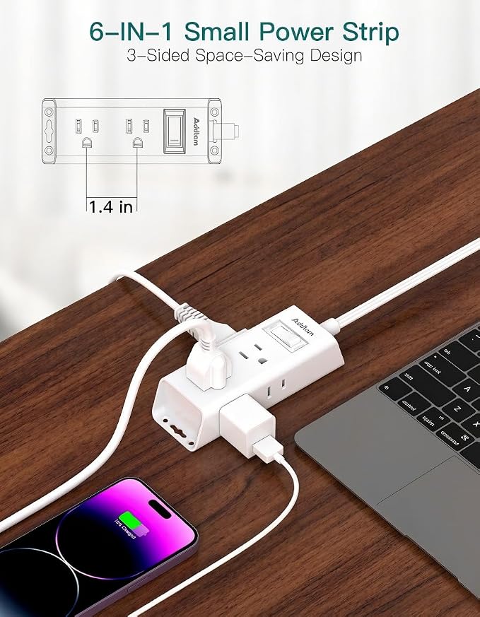 Addtam Flat Plug Power Strip with 6 Outlet Extender, 10 FT Extension Cord Flat Wall Plug with Multiple Outlets, No Surge Protector for Cruise Ship, Travel, Dorm, Home Office, Cruise Essentials, White