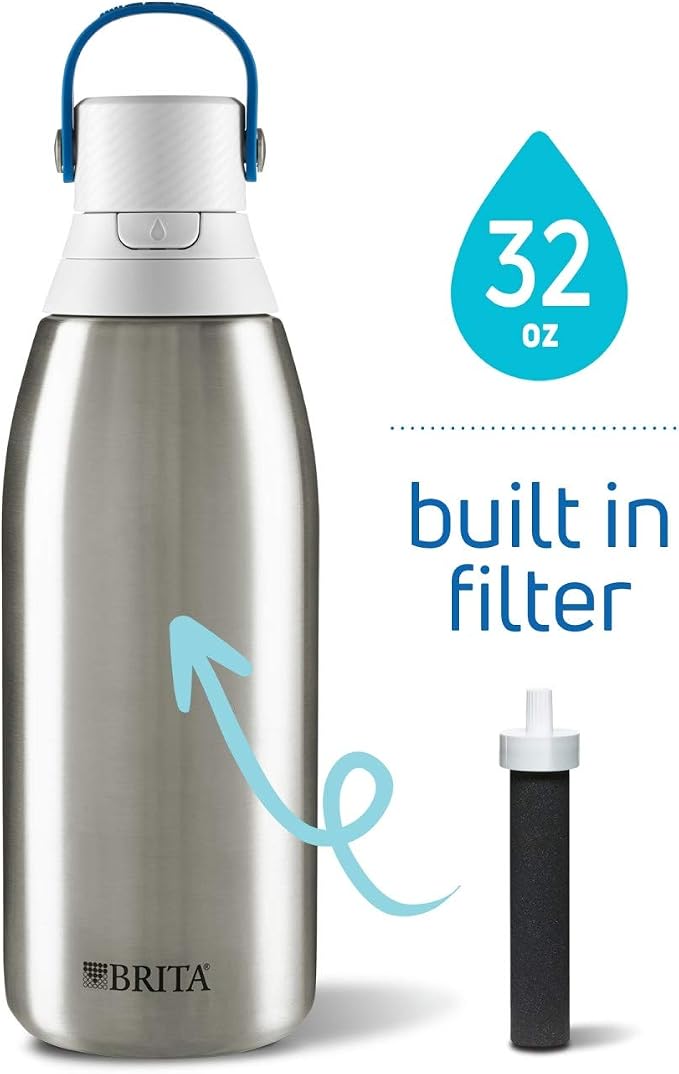Brita Insulated Filtered Water Bottle with Straw (32 Ounce) and Water Filter Replacements (6 Count)