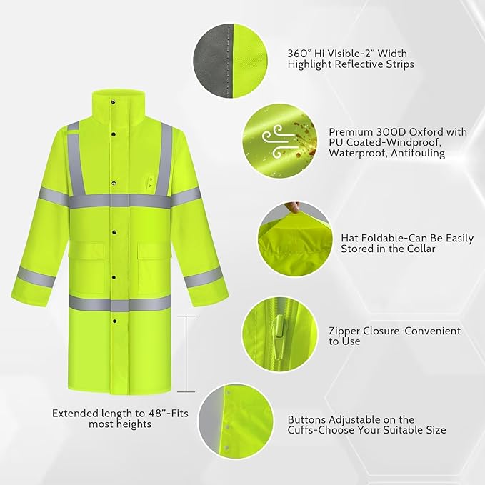 TCCFCCT Rain Coats Hi Vis Rain Jacket with Hood, Heavy Duty Rain Suits Waterproof, Long Safety Rain Gear for Hiking Camping Outdoor Activities, M Yellow