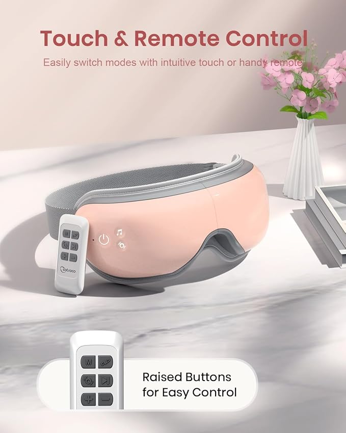 Cotsoco Eye Massager with Heat, Remote, and Compression, Adjustable Foldable Sleep Mask for Relaxing Eyes and Better Sleep, Migraine Relief Device, Birthday Gifts for Women Men Her Him-Pink