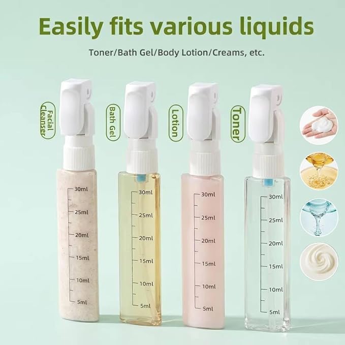 Leak Proof Travel Bottles Set, 4 Pack 30ML Refillable Travel Size Containers, Portable Silicone Squeezable Bottles for Shampoo, Conditioner, Lotion (4 in 1 Kit) (Green)