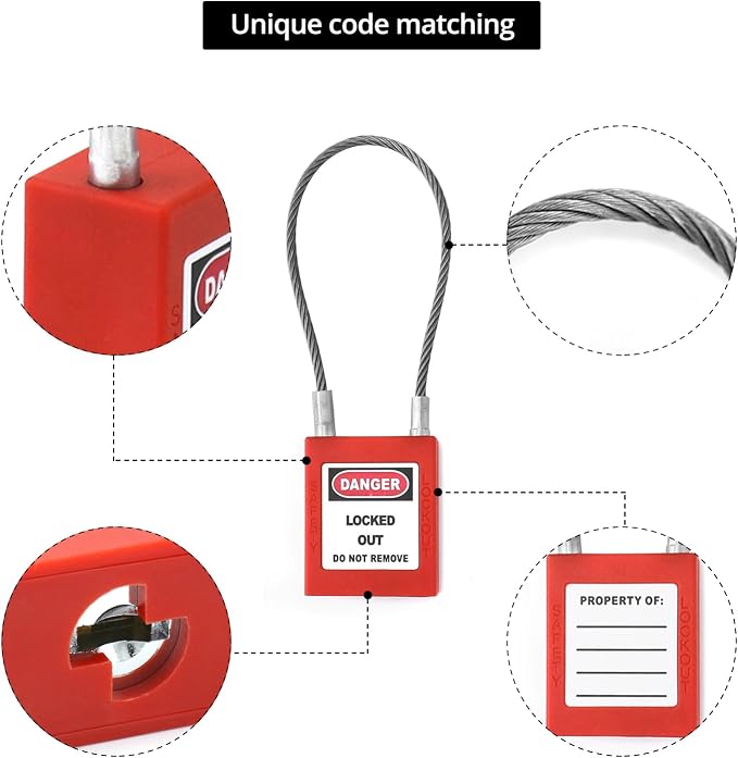 QWORK Lockout Tagout Steel Cable Locks, 10 Pack Compact Cable Padlock with 20 Keys, Red Keyed Different Electrical Lockout Padlock Set