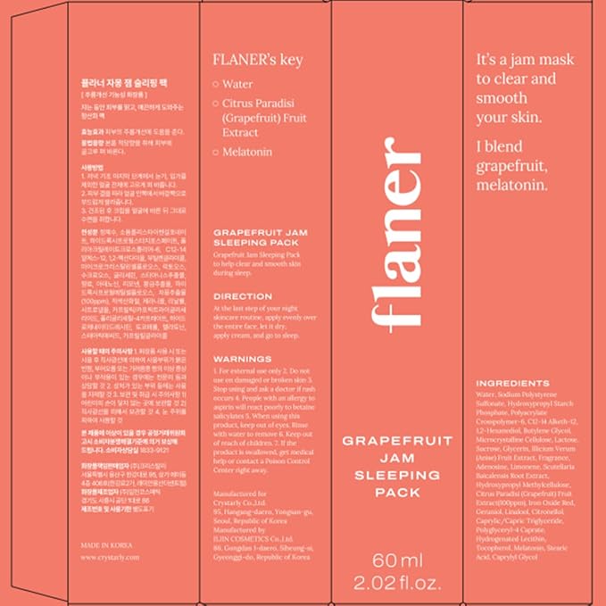 flaner Grapefruit Jam Sleeping Mask – Revitalizing Overnight Face Mask, Vitamin C, Melatonin, Adenosine, Night Deep Hydration Care, Natural Ingredients, Korean Skin Care, 2.02 fl. oz.