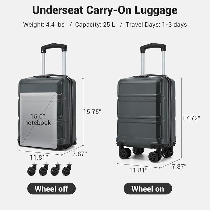 Kono 15'' Underseat Carry On Luggage Airline Approved, Anti-Scratch PC+ABS Hardshell Carry on Suitcase with Smooth Spinner Wheel, Lightweight Overnight Carry on for Short Travel, Grey