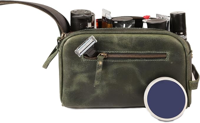 KomalC Leather Toiletry Bag for Men & Women – Handcrafted Travel Grooming Kit with Water-Resistant Lining and Secure Zipper Closure