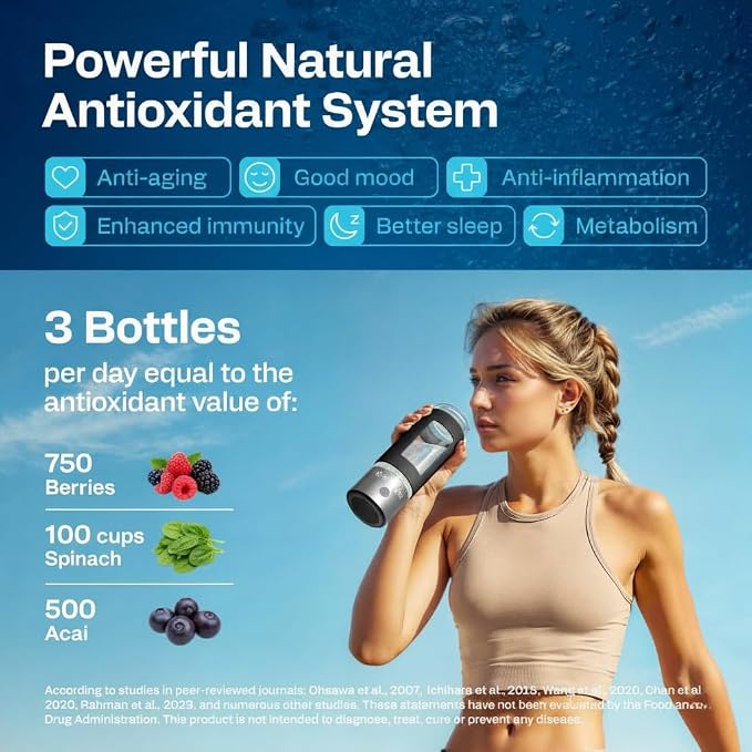 Hydrogen Water Bottle | Large 16.2 oz (480 ml) Hydrogen Water Bottle Generator 3000ppb | Hydrogenator Machine | SPE/PEM Hydrogenated Ionizer Generator (Steel w/Black)