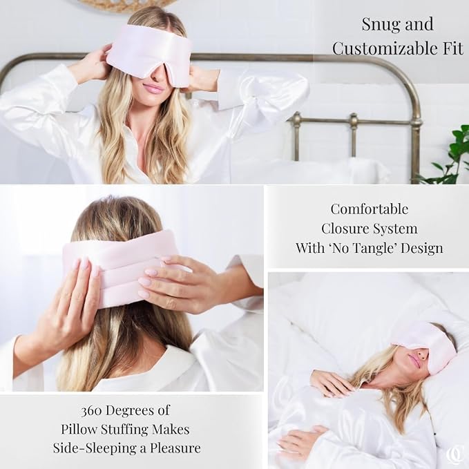 QUIET COVE Plush Luxury Silk Sleep Mask - Sleep Comfortably on Your Side - 22 Momme Mulberry Silk, Total Blackout, Luxe Cloud Filling Soothes Your Eyelids - Luxury Gift (Prosecco Pink)