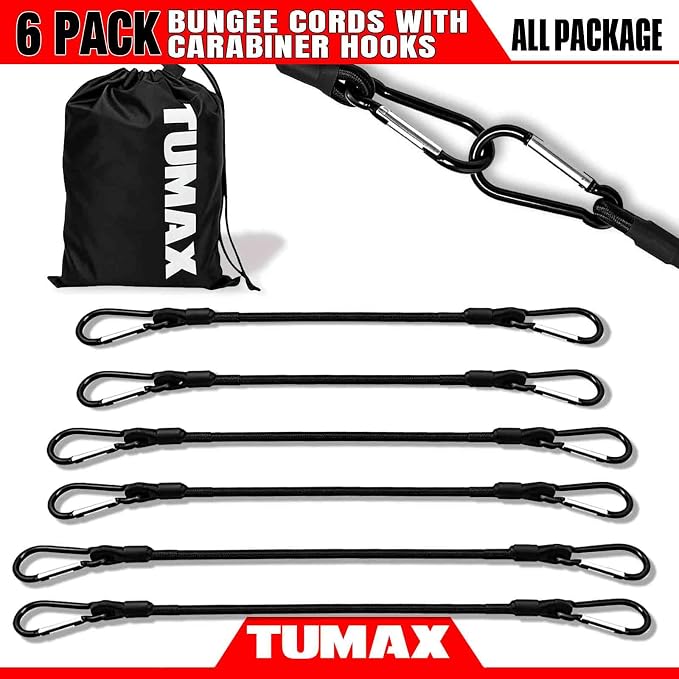 Bungee Cords with Carabiner Hooks, 6 Pack Heavy Duty Long Carabiner Rubber Bungee Cord Assorted Size 24" 40" 60", for Camping, Tarps, Bike Rack, Car, Included A Drawstring Bag