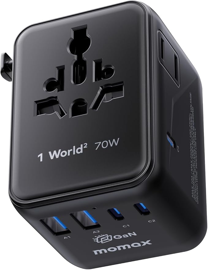 MOMAX Mini 7-in-1 Universal Travel Adapter, GaN 70W Dual AC, 3 USB-C PD & 2 USB-A QC, International Power Charger for 200+ Countries – Compact Travel Adapter for Laptop, Phone, UK/AUS/EU/JP Plug