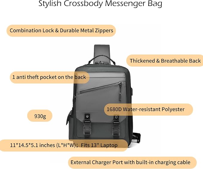 Leaper Anti-Theft Crossbody Sling Bag：one-handed quick-open lock in 3 seconds & hidden zippered pockets for Travel, Work & Daily Commute, DarkBlue