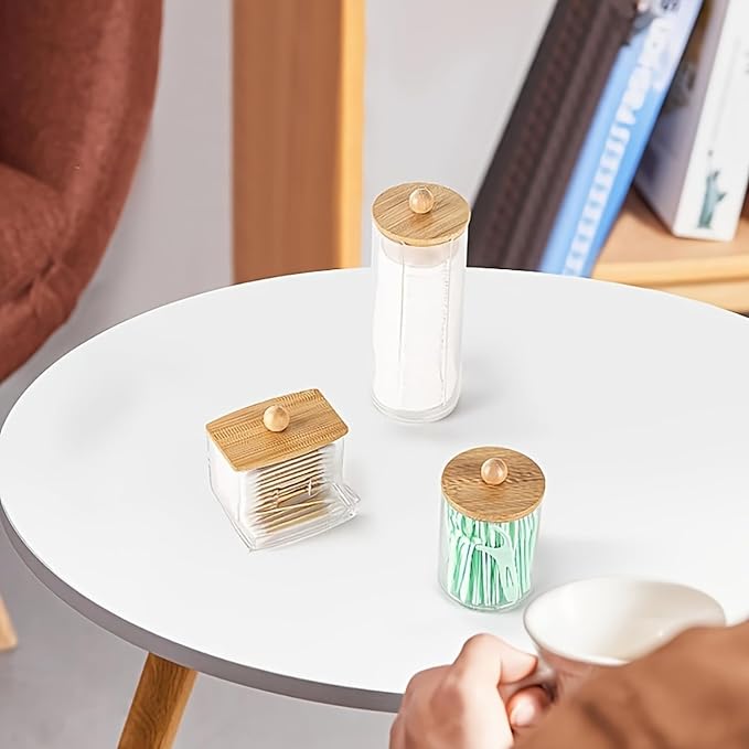 Soko 3 PC set Qtip Holder with Bamboo Lids | Clear Cotton Swab Storage Dispenser Jar | Makeup Vanity Countertop Cosmetic Organizer | Bathroom Canister Accessories for Ball, Round Pads, Floss, Earbud