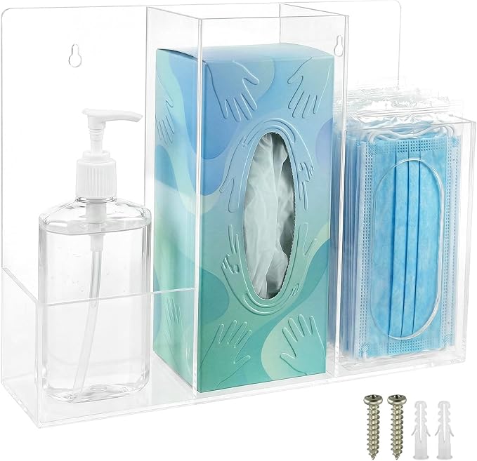 Triple Hygiene Dispenser Station, Clear Acrylic 3-Compartment PPE Organizer for Masks, Gloves & Hand Sanitizer, Wall Mount or Tabletop Hygiene Supply Holder for Office, Clinic, Restaurant, School