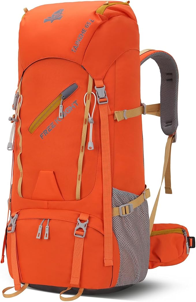 Bseash 65L Waterproof Hiking Camping Backpack with Rain Cover, Outdoor Sport Travel Daypack for Climbing Touring (Orange)