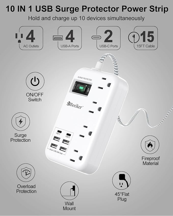 6 USB(2 USB C) Surge Protector Power Strip- 15 Ft Extension Cord with 6 USB Charging Station and 4 Outlets, Flat Plug Long Braided Extension Cord with Multiple Outlets Wall Mount for Home Office Dorm