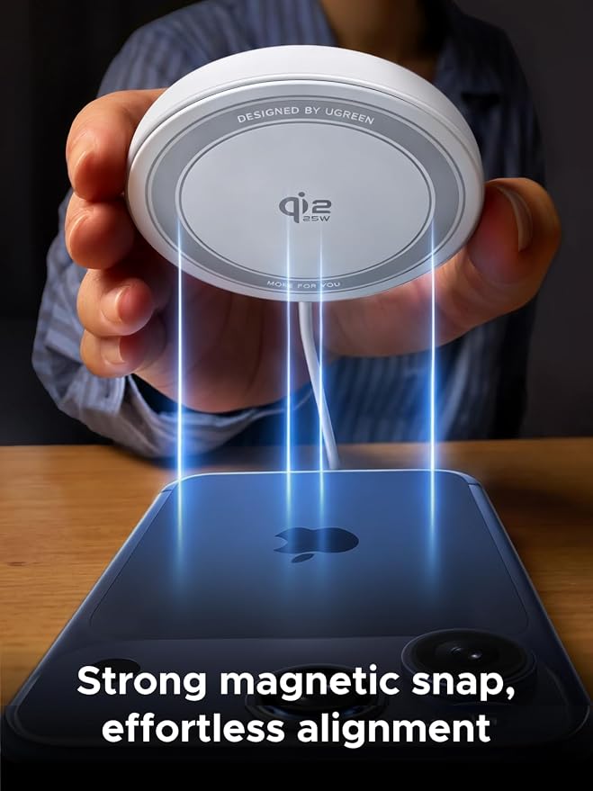 UGREEN Wireless Charger, Qi2.2 Qi2 Certified 25W Fast MagSafe-Compatible Wireless Charging Pad, 5ft Magnetic Charger for iPhone 17/16/15/14/13/12, Galaxy S26/25, Pixel 10, White