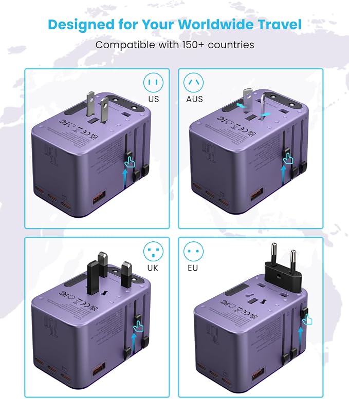 Universal Travel Adapter, VINTAR 75W GaN International Power Adapter with 3 USB C PD and 2 USB A QC, All in One Travel Essentials for UK/EU/USA/AUS, Travel Adapter Worldwide for Laptops Phones, Purple