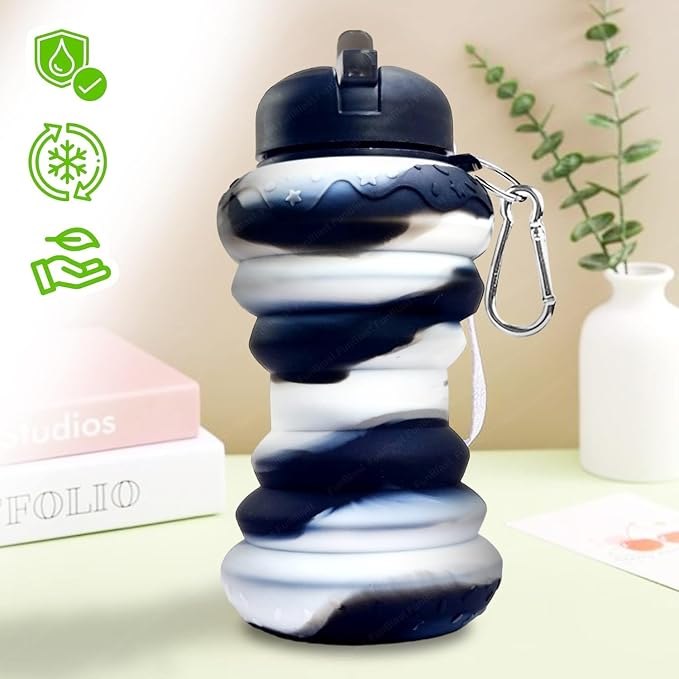 Collapsible Silicone Water Bottle || 600 ML Folding Water Bottle With Straw And Hook || Portable Water Bottle For Hiking, Camping, Sports, Road Trips, Outdoor (Pack Of 1) (Donut Shape)