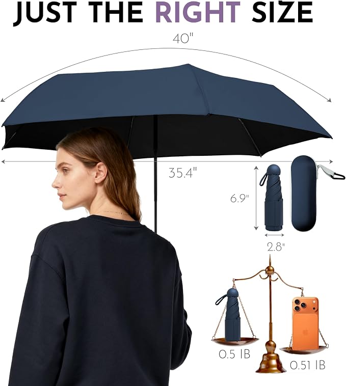 Travel Mini Umbrella Compact Small & Lightweight, UV Rain Protection, Pocket-Sized Folding Umbrellas with Quickdraw & Case for Men Women & Kids Backpack