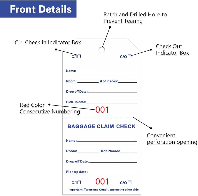 500 Baggage Claim Check Tags with Transfer Tape on Back, Hotel Luggage ID Tags Luggage Tag Bulk with White String, Baggage Identification for Hotel Suitcase Motel Bag