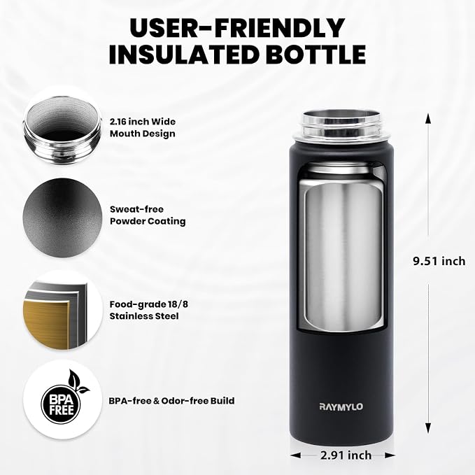RAYMYLO Insulated Water Bottle 20 oz, Triple Wall Vacuum Stainless Steel (Cold for 24Hrs, Hot for 12Hrs), Leak Proof & Non-BPA, Modern Water Bottle Jug for School with Straw Spout Lids