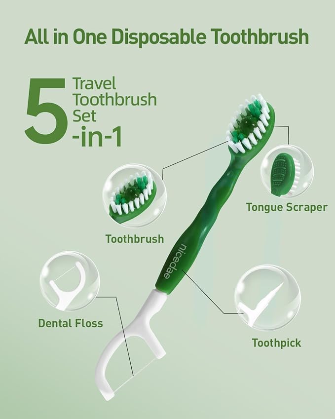 Disposable Mini Travel Toothbrush Bulk with Toothpaste 5in1 60Ct Portable Toothbrushes Set Floss Pick Tongue Scraper Cruise and Travel Essentials (Pink)