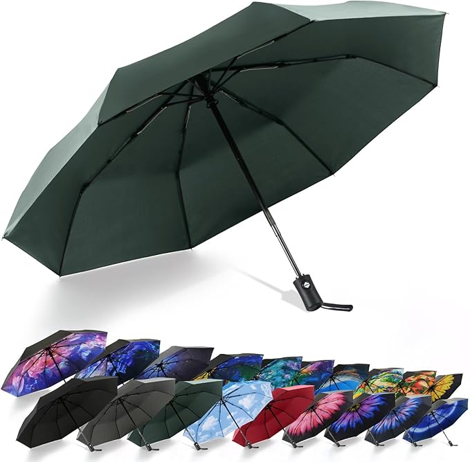 SY COMPACT Travel Umbrella - Windproof Automatic Compact Umbrella for Rain, Lightest 8-Rib, Small, Strong & Portable, Durable Grip, Fits Backpack & Car, Factory Direct (UV Available)