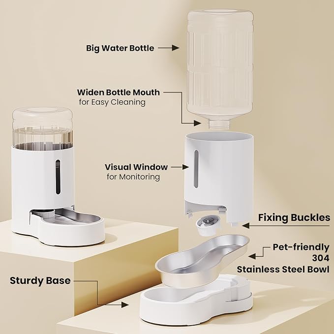 CZPET Dog Water Bowl Dispenser 7L, Wider Mouth & Upgraded Brush for Easy Cleaning Automatic Cat Gravity Refilling Waterer with Removable Stainless Steel Bowl, Large Drinking Area for Multi-Pet (White)