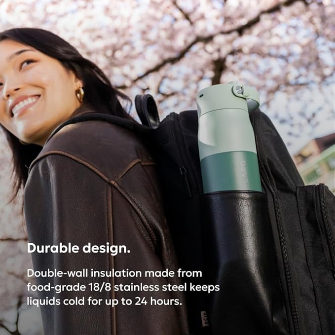 LARQ Swig Top — Insulated Stainless Steel Water Bottle with Straw, Detachable Silicone Handle, Vacuum 24h Cold, BPA-Free Metal Bottle for Gym, Travel, Office, Wide Mouth for Ice — 34 oz, E. Green