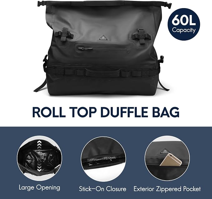 Haimont IPX7 Waterproof Roll-Top Dry Duffel Backpack | 60L/90L Sizes, 500D Tarpaulin, Welded Seams, Mesh Pockets, Boating & Kayaking