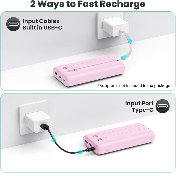Portable Charger 40,800mAh Power Bank 25W Portable Battery Pack with 2 Built in Cables [2026 Upgraded], PD QC4.0 Fast Charging Portable Phone Charger Compatible with iPhone 17/16,Android Samsung-Pink