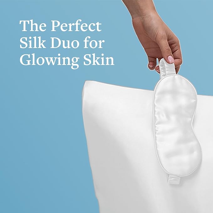 Silk Sleep Essentials Set in Silver: Pillowcase and Eye Mask, 25" x 19.5" Fits Standard Queen Pillow, 22mm 6A Grade, for Gentle Sleep, Anti-Breakage, Tangles, Creases and Wrinkles, By Silver Mirror