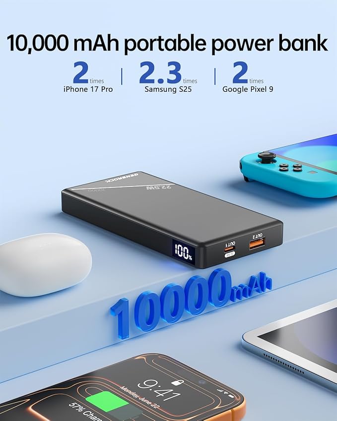 GENSROCK 5V 2A/3A Portable Charger Power Bank 10000mAh, PD 22.5W Fast Charging Power Bank,LED Display Battery Pack for iPhone17/16/15/14/13 Series, Samsung, Google, Pixel, LG, iPad