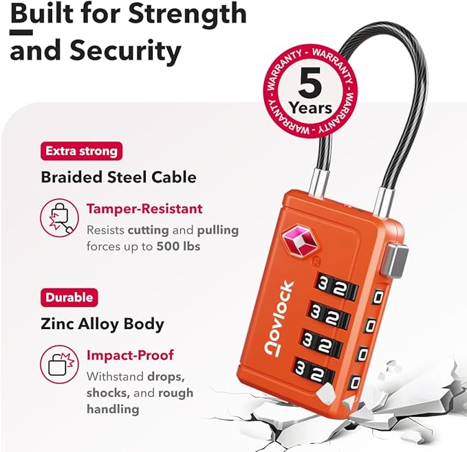 Luggage Locks TSA Approved with Inspection Indicator and Resettable 4-Digit, Easy-to-Read Combination, TSA Locks for Luggage, Suitcases, Backpacks & Travel Bags, Orange, 1-Pack