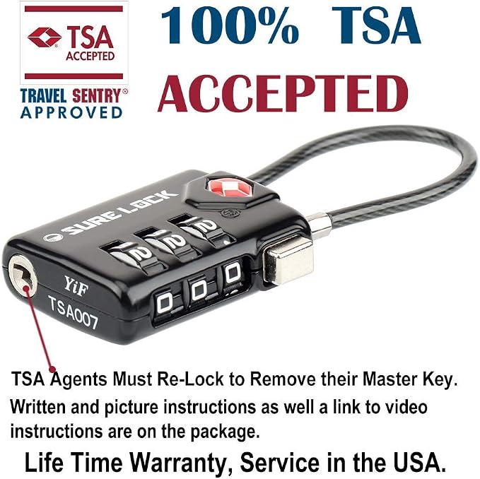 SURE LOCK TSA Approved Luggage Locks with Open Alert Indicator, 3 Digit Combination Cable Travel Lock for Suitcase, Backpack, Gym Locker, Toolbox & Travel Bag(Black 6 Pack