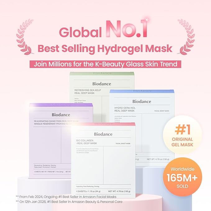 BIODANCE Bio-Collagen Real Deep Mask, Hydrating Overnight Hydrogel Face Mask, Pore Minimizing, Elasticity, Plumping, Travel Essentials & Self Care Gifts for Women, Korean Skin Care | 1.19oz(34g) x 4ea