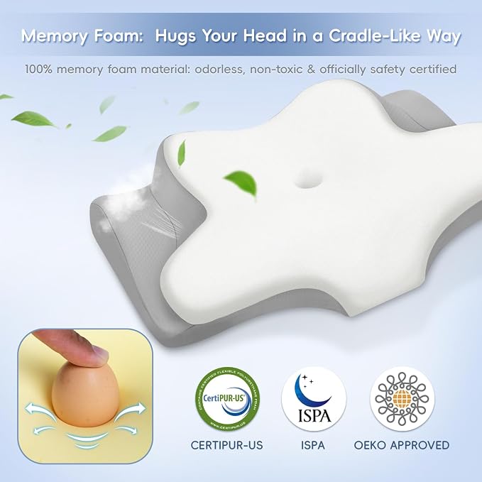 Cervical Neck Pillow, Memory Foam Pillows for Neck and Shoulder Pain Relief, 2 Heights Ergonomic Pillow with Breathable Ice Silk Cover, Neck Support Pillow for Side Sleepers White