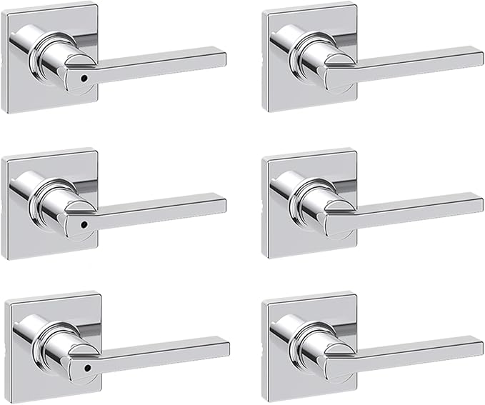 Kwikset Casey Hallway Passage and Bed/Bath Privacy Door Handle 6 Pack, 3 Passage Levers and 3 Privacy Levers, Polished Chrome Reversible Interior Handles