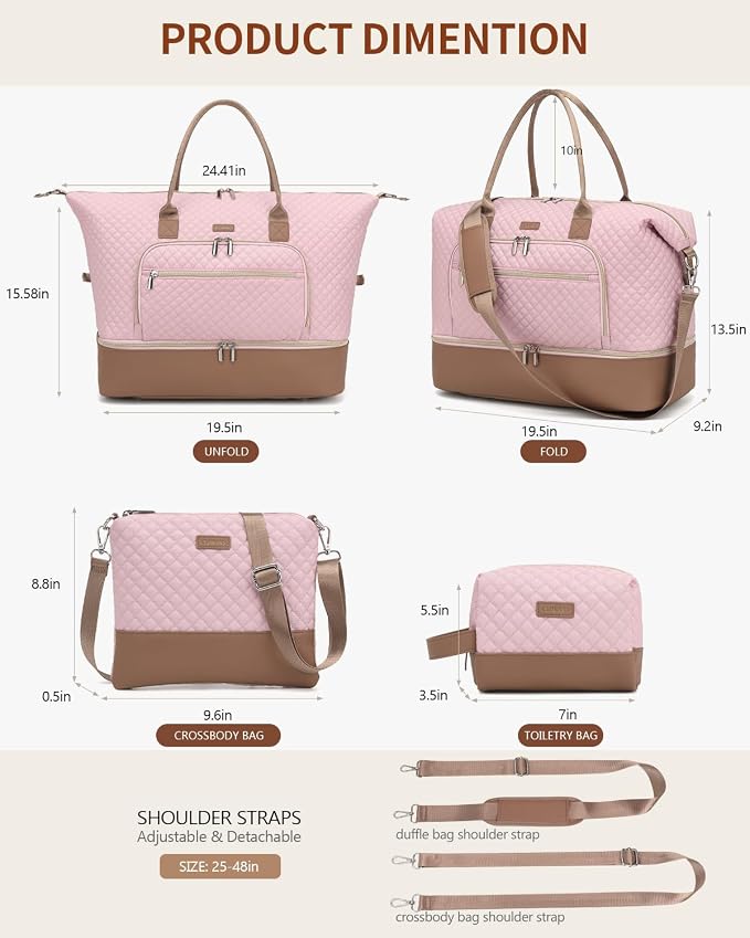 Weekender Bags for Women Travel, Under Seat Carry On Bags for Airplanes Overnight Bag with Shoe Compartment Luggage Sleeve, Foldie Travel Tote Bag Hospital Bag, Travel Gifts, Pink Brown