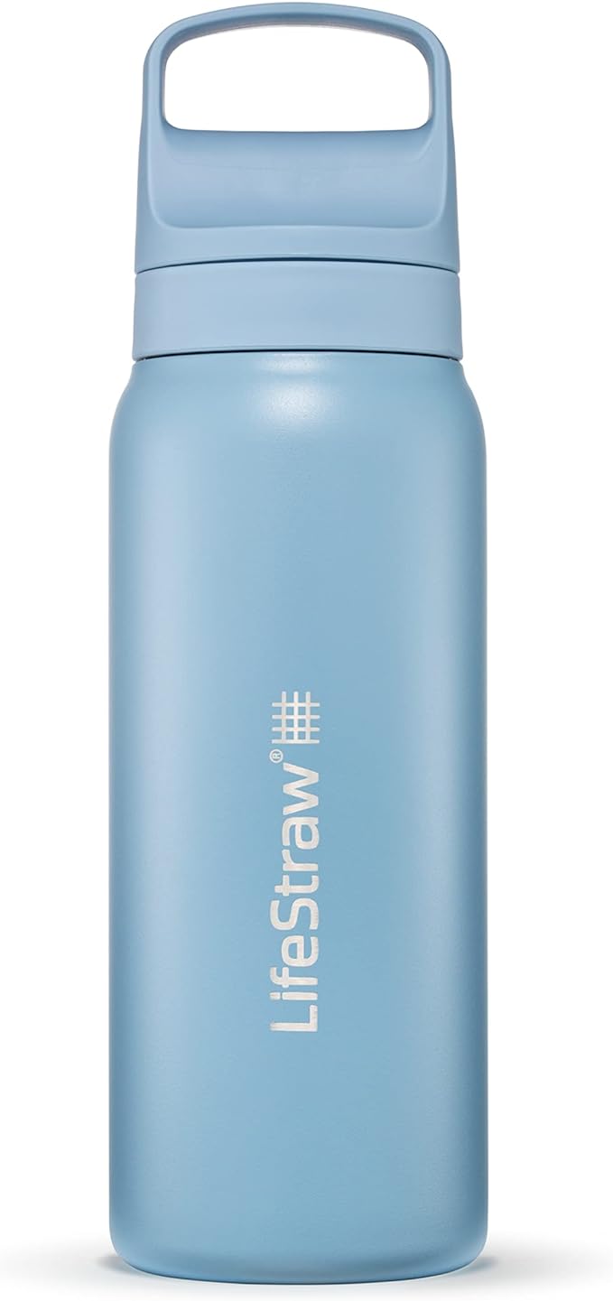 LifeStraw Go Series — Insulated Stainless Steel Water Filter Bottle for Travel and Everyday Use Removes Bacteria, Parasites and Microplastics, Improves Taste, 24 oz, Icelandic Blue