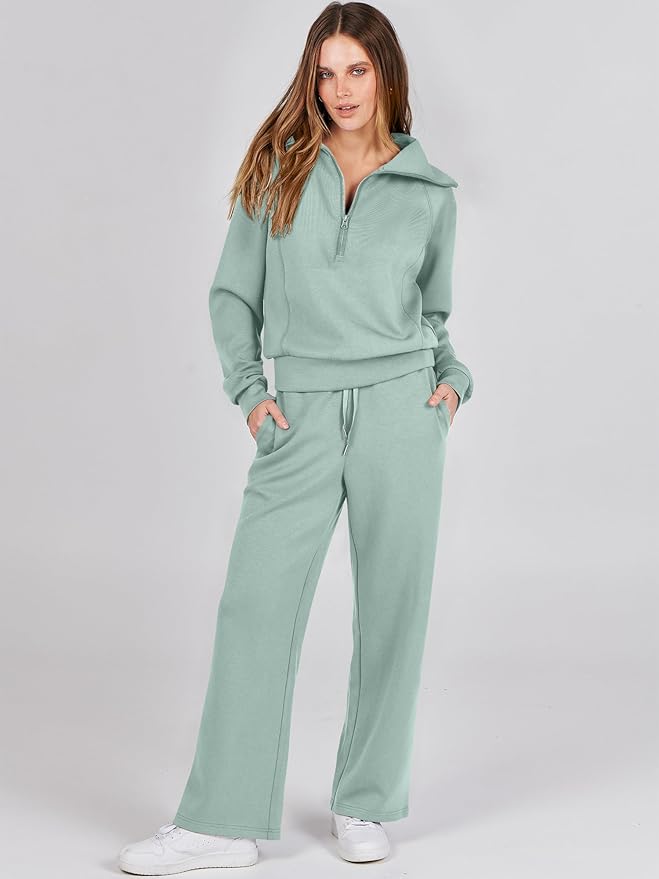 ANRABESS Women’s 2 Piece Outfits Half Zip Sweatshirt & Wide Leg Pants Airport Travel Lounge Matching Sets Sweatsuits Clothing