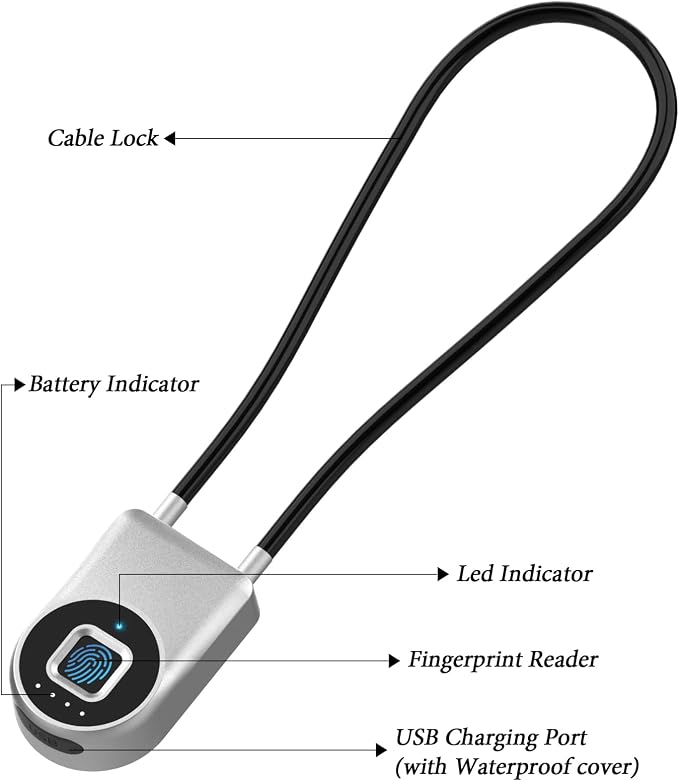 Fingerprint Cable Lock, 6" Long Cable Smart Padlock with Fingerprint Bluetooth APP, Keyless Biometric Waterproof Outdoor Gate Lock for Refrigerator French Door Fence Backyard Pantry