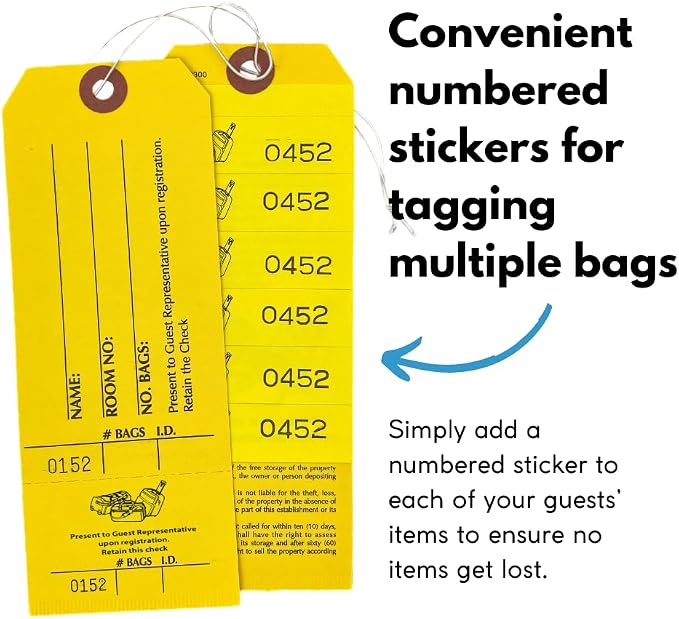 Front Desk Supply Hotel Luggage Claim Tags with Numbered Stickers & Tear-Off Claim Ticket – High-Visibility Baggage Management Tags for Hotels, Group Travel, Valet & Guest Storage – 1,000 Pack
