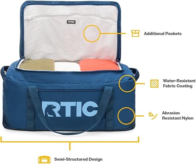 RTIC Road Trip Duffle Bag for Men and Women, Traveling Tote for Camp, Travel, Gym, Weekender, Camping, Overnight, Carry On, Sports, Spacious, Water Resistant, Large, Navy & Denim