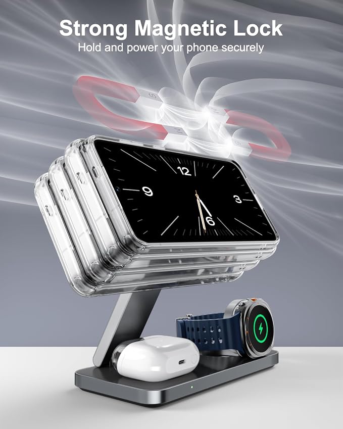 3-in-1 Charging Station for Samsung, Magnetic Fast Wireless Charger Stand Compatible with MagSafe for Galaxy S26/S25/S24/S23/Z Fold/Flip 7 Series, Galaxy Watch Ultra/8/7/6/5, Galaxy Buds Pro/4/3/2