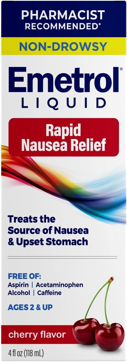 Emetrol Non-Drowsy Nausea Relief - Liquid Medicine for Upset Stomach Relief - Pharmacist Recommended Nausea Medicine - Cherry Flavor - 4fl oz