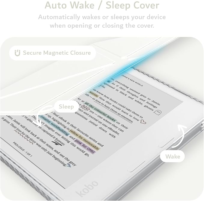TUDIA M-FLIP Detachable Clear Magnetic Case for Kobo Libra Colour (2024) - [Auto Wake/Sleep] Shockproof Slim Transparent Back Magnetic Fold Cover with Stylus Holder (Off White)