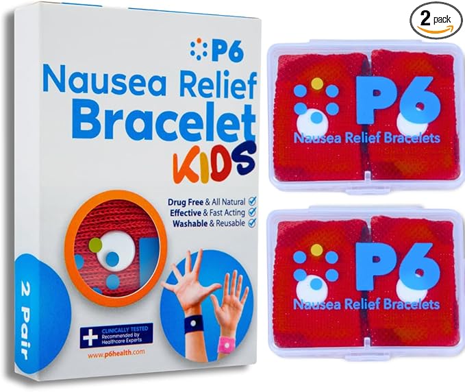 P6 Health Original Natural Anti-Nausea Relief Motion Car Sea Sickness Relief Children's Wrist Bands for Kids (2 Pack, Red - Red)